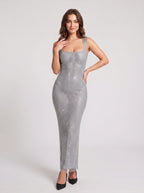 Silver Rhinestone Mesh Sheath Square Neck Backless Floor-Length Dress - Curvevia