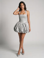 Silver Satin A-Line Halter Neckline Lace-Up Back Short Homecoming Dress with Sequins - Curvevia