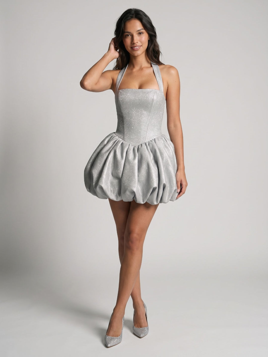 Silver Satin A-Line Halter Neckline Lace-Up Back Short Homecoming Dress with Sequins - Curvevia