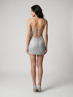 Silver Sequin Column Cowl Neck Lace-Up Back Short Homecoming Dress - Curvevia