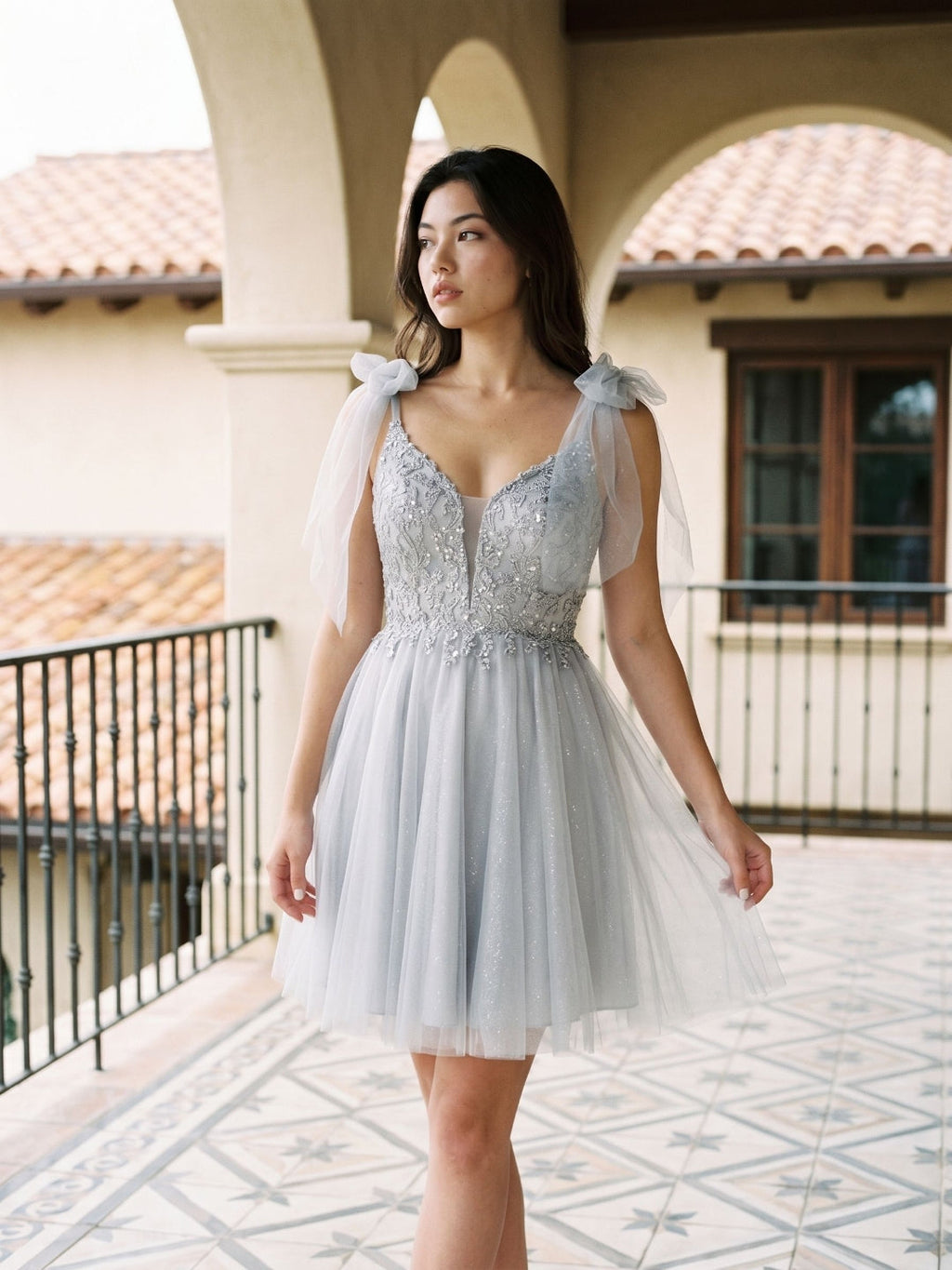 Silver Tulle A-Line V-Neck V-Back Short Dress with Sequins - Curvevia