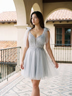 Silver Tulle A-Line V-Neck V-Back Short Dress with Sequins - Curvevia