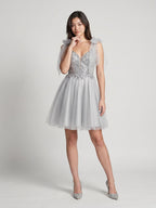 Silver Tulle A-Line V-Neck V-Back Short Dress with Sequins - Curvevia