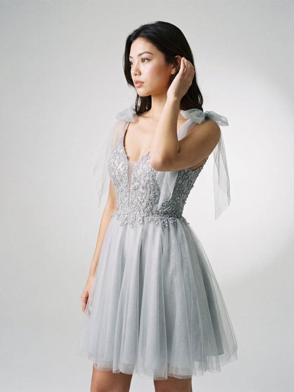 Silver Tulle A-Line V-Neck V-Back Short Dress with Sequins - Curvevia