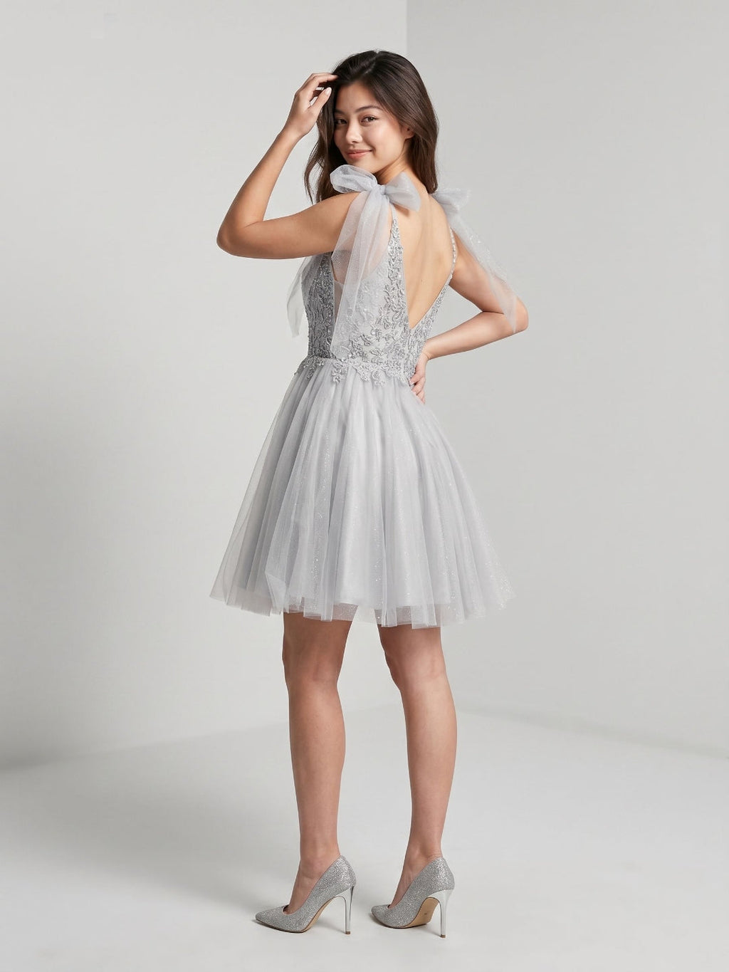 Silver Tulle A-Line V-Neck V-Back Short Dress with Sequins - Curvevia