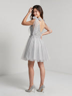 Silver Tulle A-Line V-Neck V-Back Short Dress with Sequins - Curvevia