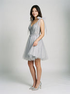 Silver Tulle A-Line V-Neck V-Back Short Dress with Sequins - Curvevia