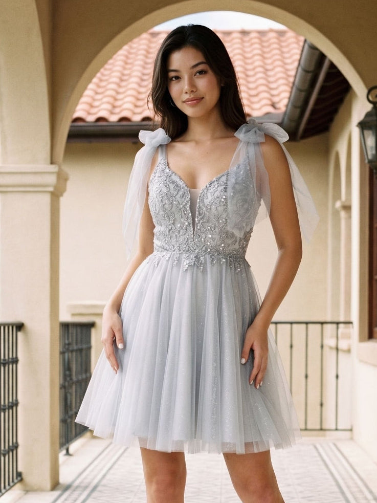Silver Tulle A-Line V-Neck V-Back Short Dress with Sequins - Curvevia
