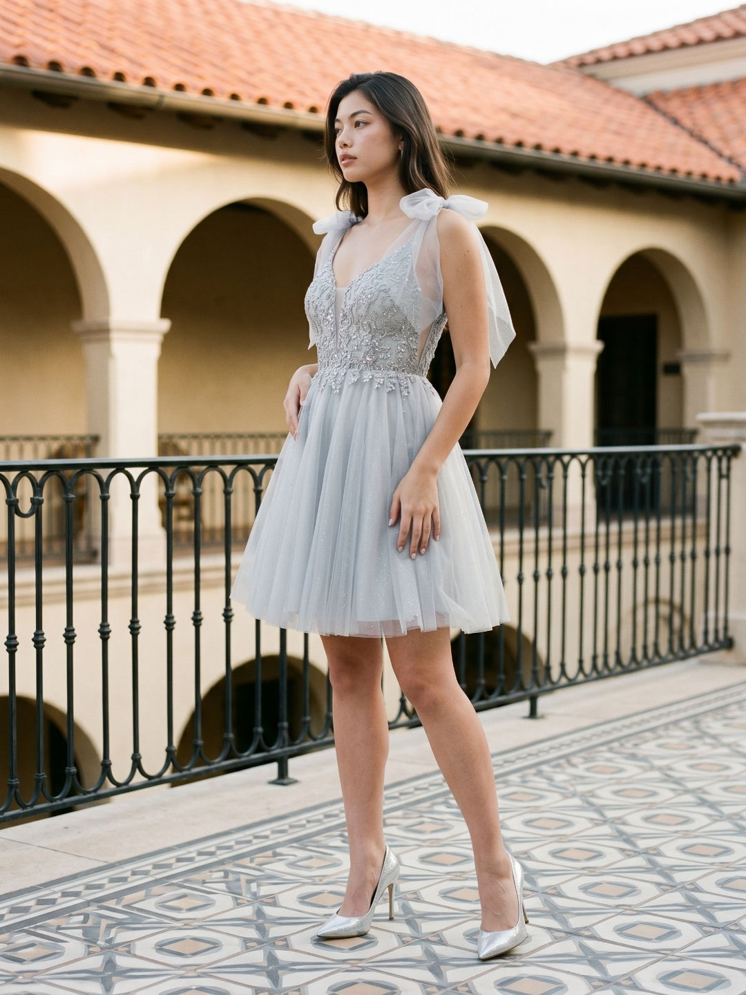 Silver Tulle A-Line V-Neck V-Back Short Dress with Sequins - Curvevia