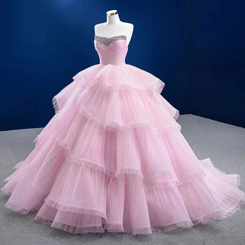 Quinceanera Dress Tiered Ball Gown Long Evening Dresses with Diamonds - Curvevia