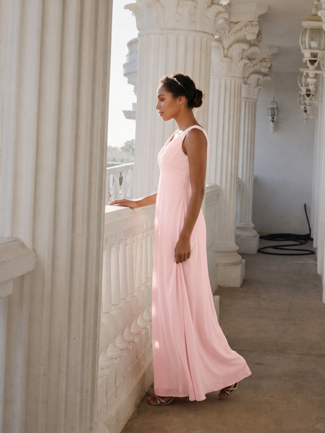 Simple Blushing Pink Chiffon A-Line V-Neck V-Back Ankle-Length Bridesmaid Dress - Curvevia