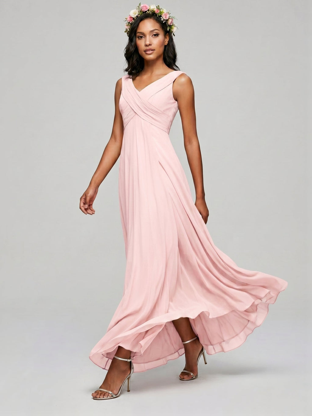 Simple Blushing Pink Chiffon A-Line V-Neck V-Back Ankle-Length Bridesmaid Dress - Curvevia