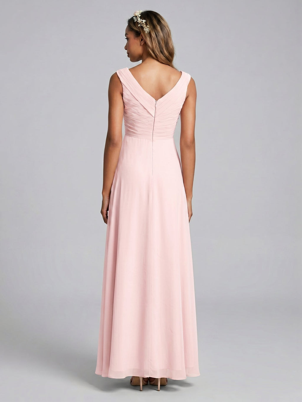 Simple Blushing Pink Chiffon A-Line V-Neck V-Back Ankle-Length Bridesmaid Dress - Curvevia
