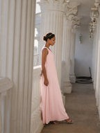 Simple Blushing Pink Chiffon A-Line V-Neck V-Back Ankle-Length Bridesmaid Dress - Curvevia