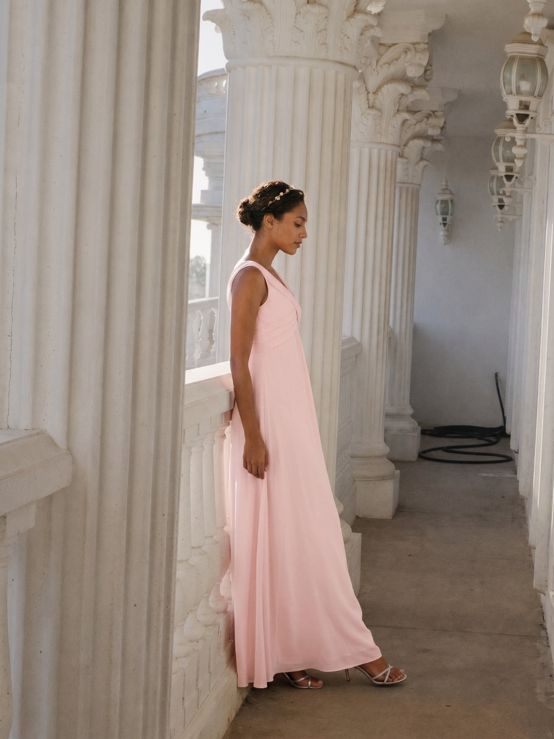 Simple Blushing Pink Chiffon A-Line V-Neck V-Back Ankle-Length Bridesmaid Dress - Curvevia