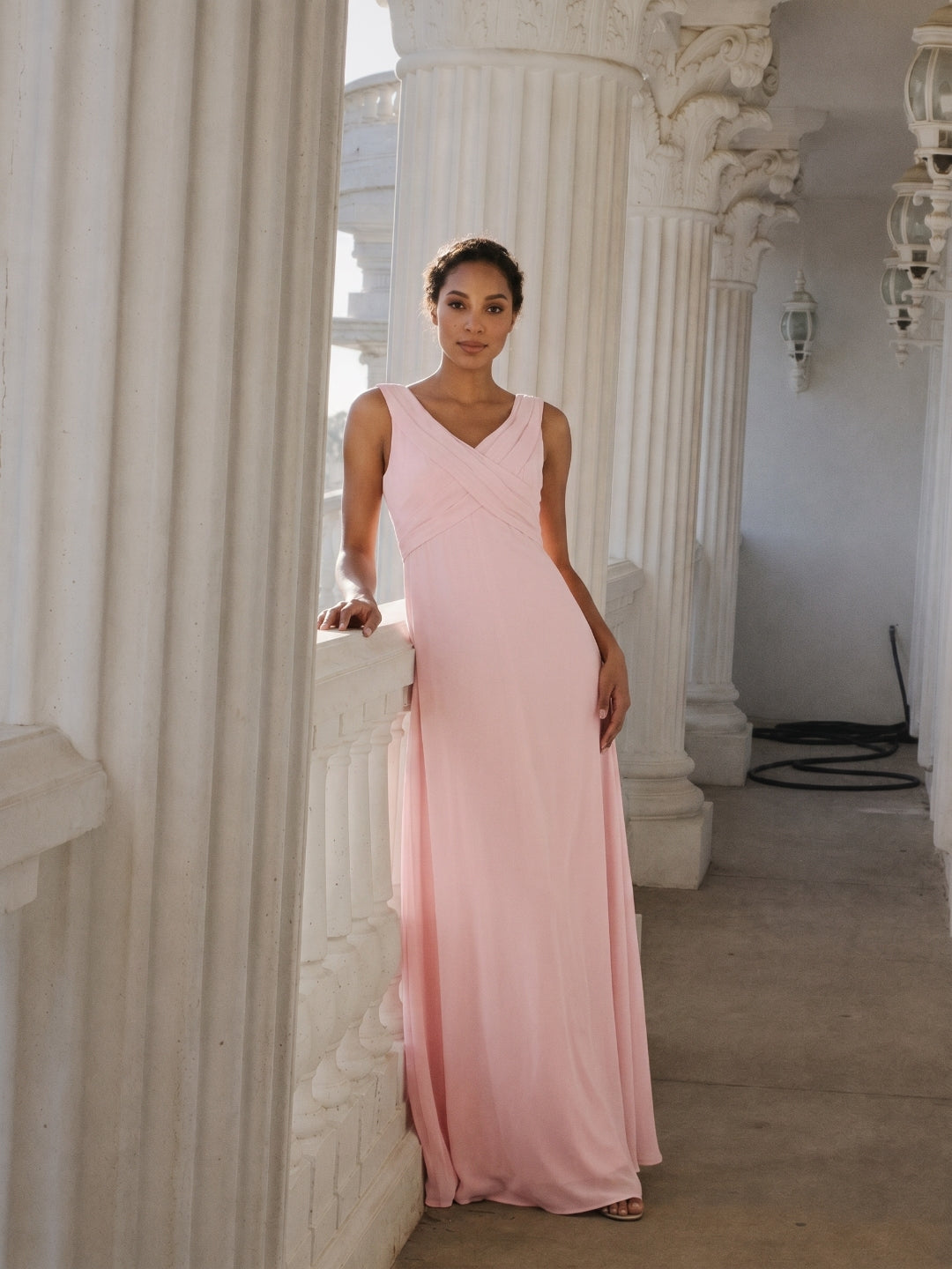 Simple Blushing Pink Chiffon A-Line V-Neck V-Back Ankle-Length Bridesmaid Dress - Curvevia