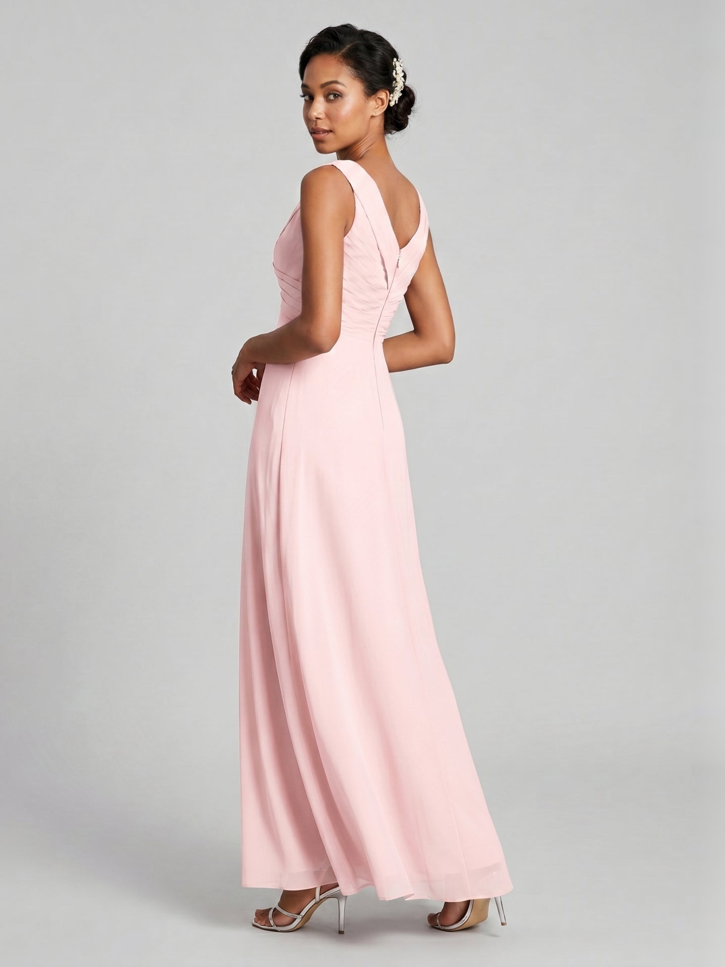 Simple Blushing Pink Chiffon A-Line V-Neck V-Back Ankle-Length Bridesmaid Dress - Curvevia