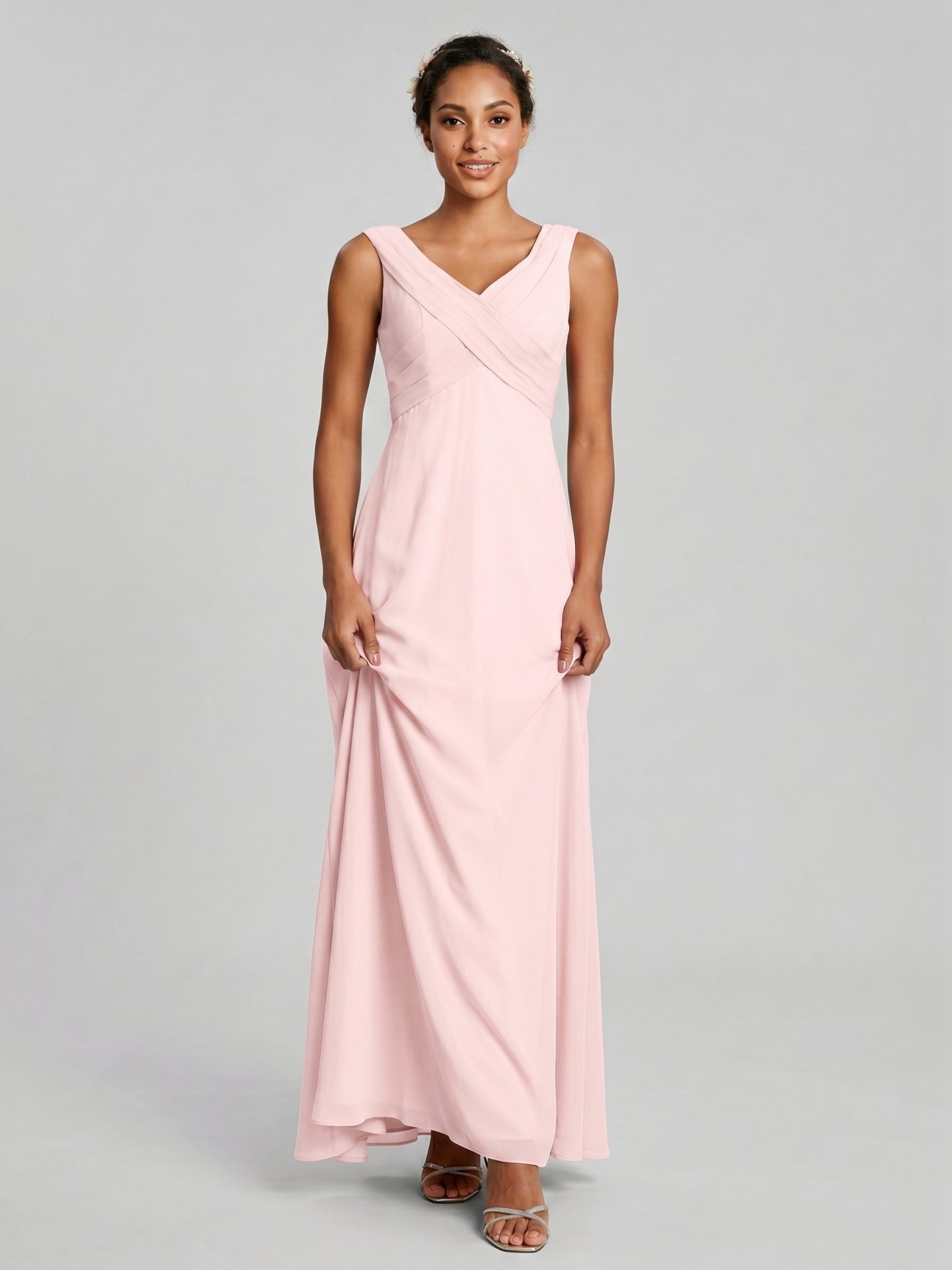 Simple Blushing Pink Chiffon A-Line V-Neck V-Back Ankle-Length Bridesmaid Dress - Curvevia