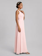 Simple Blushing Pink Chiffon A-Line V-Neck V-Back Ankle-Length Bridesmaid Dress - Curvevia