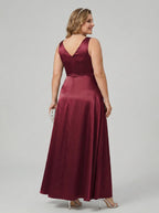 Simple Cabernet Satin Empire V-Neck V-Back Ankle-Length Plus Size Bridesmaid Dress - Curvevia