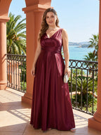 Simple Cabernet Satin Empire V-Neck V-Back Ankle-Length Plus Size Bridesmaid Dress - Curvevia