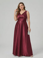 Simple Cabernet Satin Empire V-Neck V-Back Ankle-Length Plus Size Bridesmaid Dress - Curvevia
