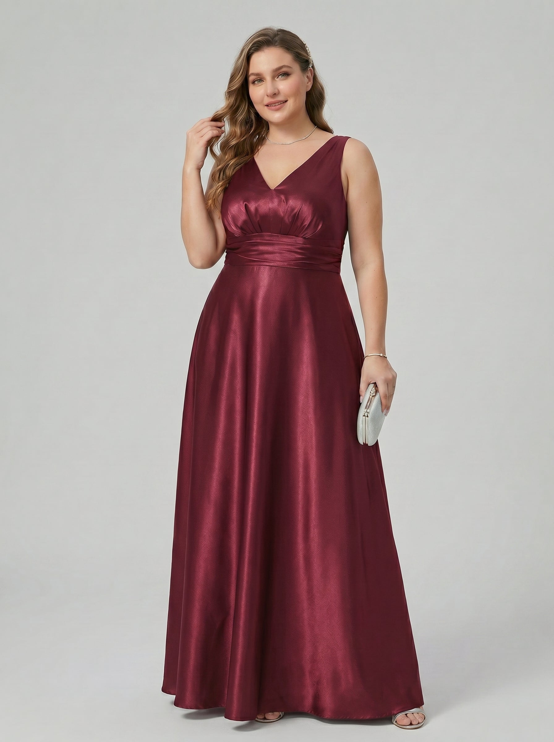 Simple Cabernet Satin Empire V-Neck V-Back Ankle-Length Plus Size Bridesmaid Dress - Curvevia