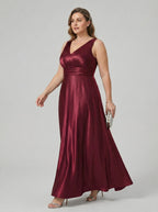 Simple Cabernet Satin Empire V-Neck V-Back Ankle-Length Plus Size Bridesmaid Dress - Curvevia