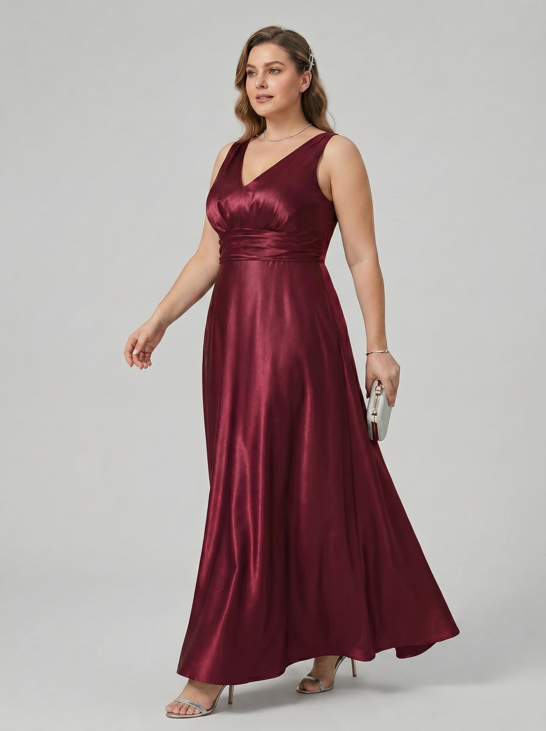 Simple Cabernet Satin Empire V-Neck V-Back Ankle-Length Plus Size Bridesmaid Dress - Curvevia