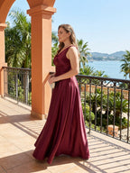 Simple Cabernet Satin Empire V-Neck V-Back Ankle-Length Plus Size Bridesmaid Dress - Curvevia