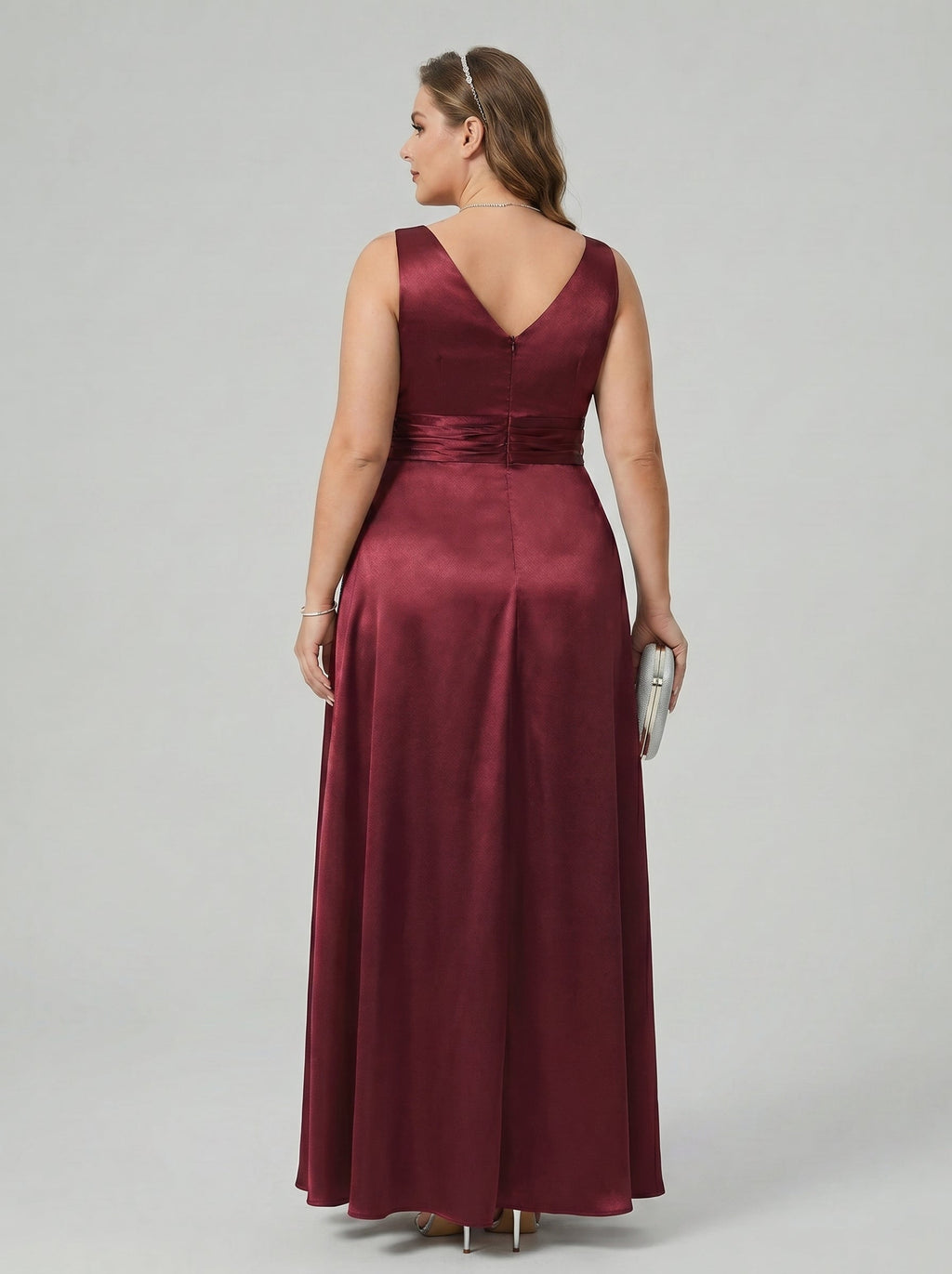 Simple Cabernet Satin Empire V-Neck V-Back Ankle-Length Plus Size Bridesmaid Dress - Curvevia