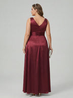 Simple Cabernet Satin Empire V-Neck V-Back Ankle-Length Plus Size Bridesmaid Dress - Curvevia