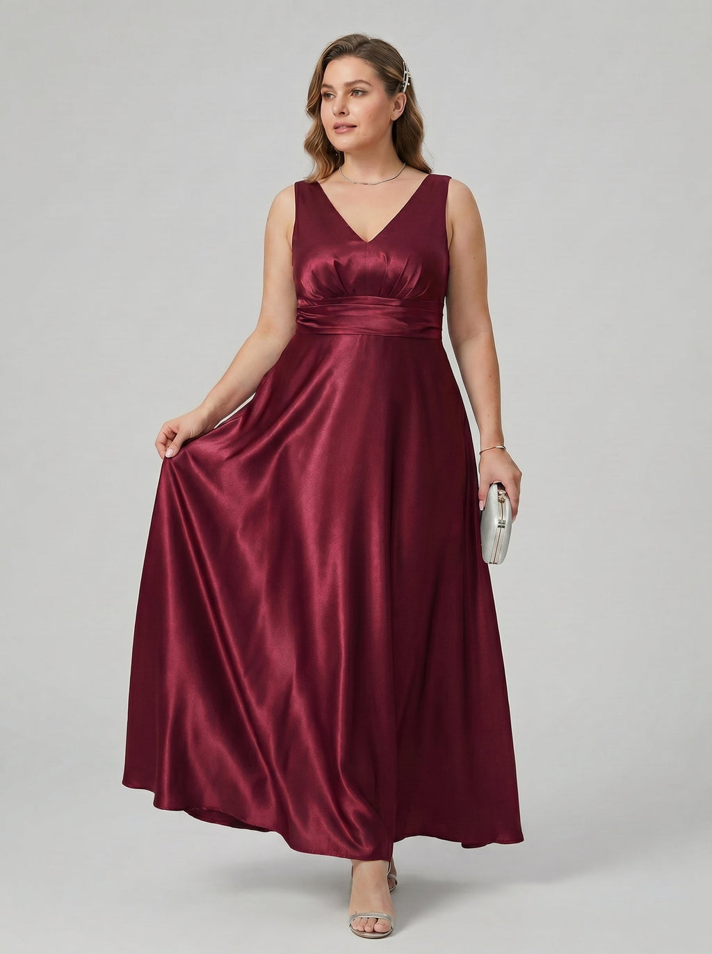 Simple Cabernet Satin Empire V-Neck V-Back Ankle-Length Plus Size Bridesmaid Dress - Curvevia