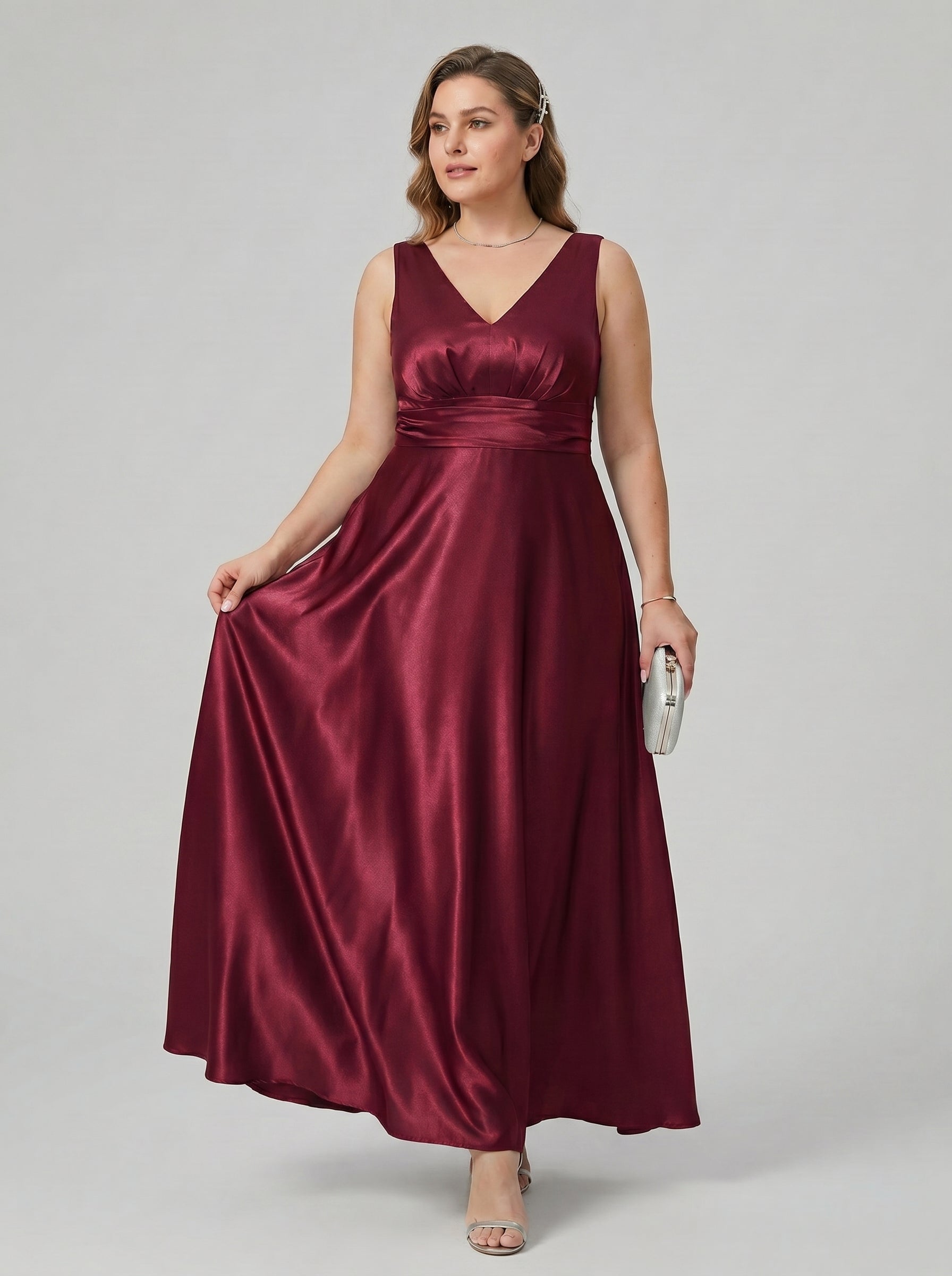 Simple Cabernet Satin Empire V-Neck V-Back Ankle-Length Plus Size Bridesmaid Dress - Curvevia