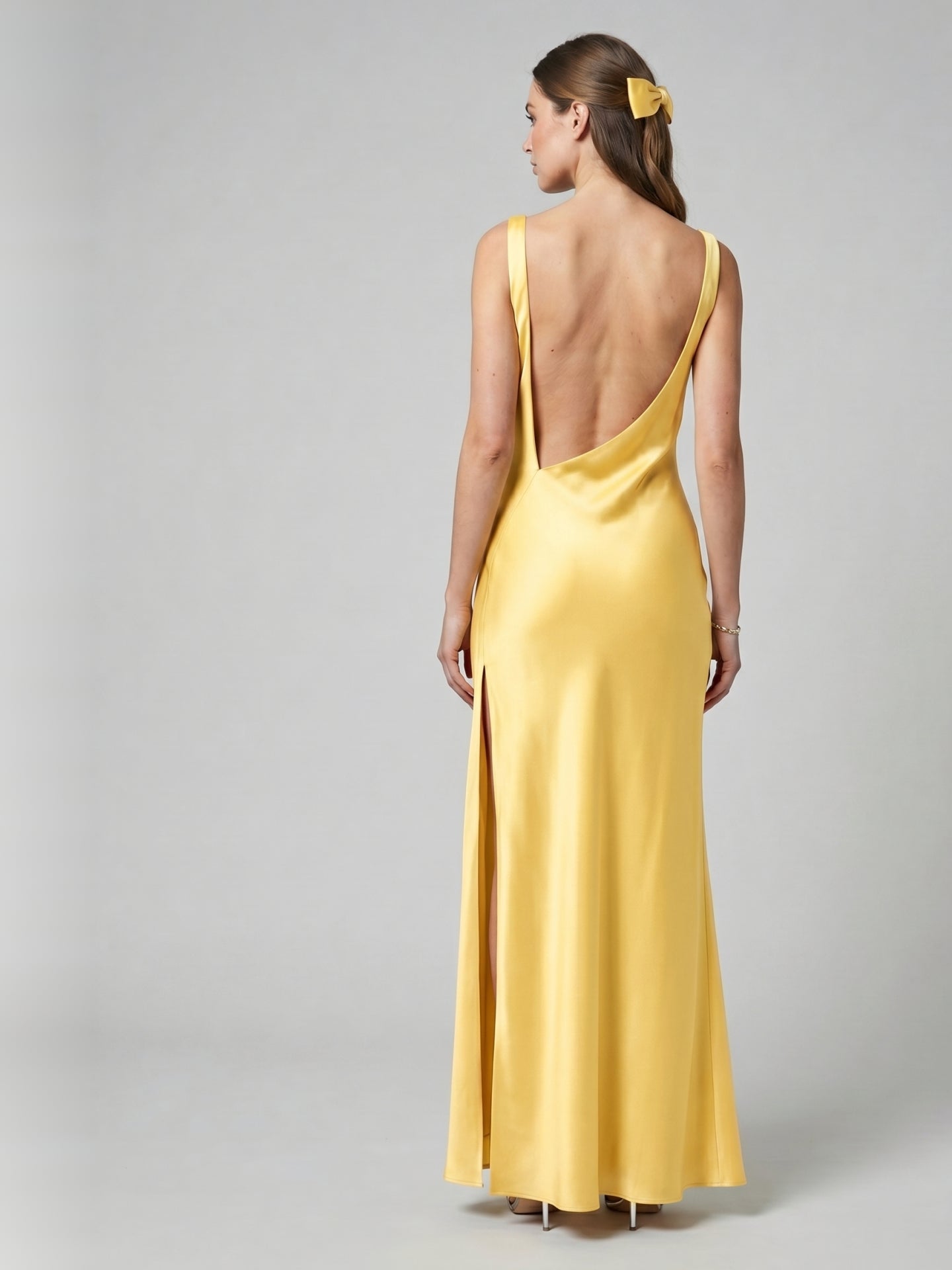 Simple Daffodil Satin Column Straight Neck Ankle-Length Bridesmaid Dress with Minimalist Design - Curvevia