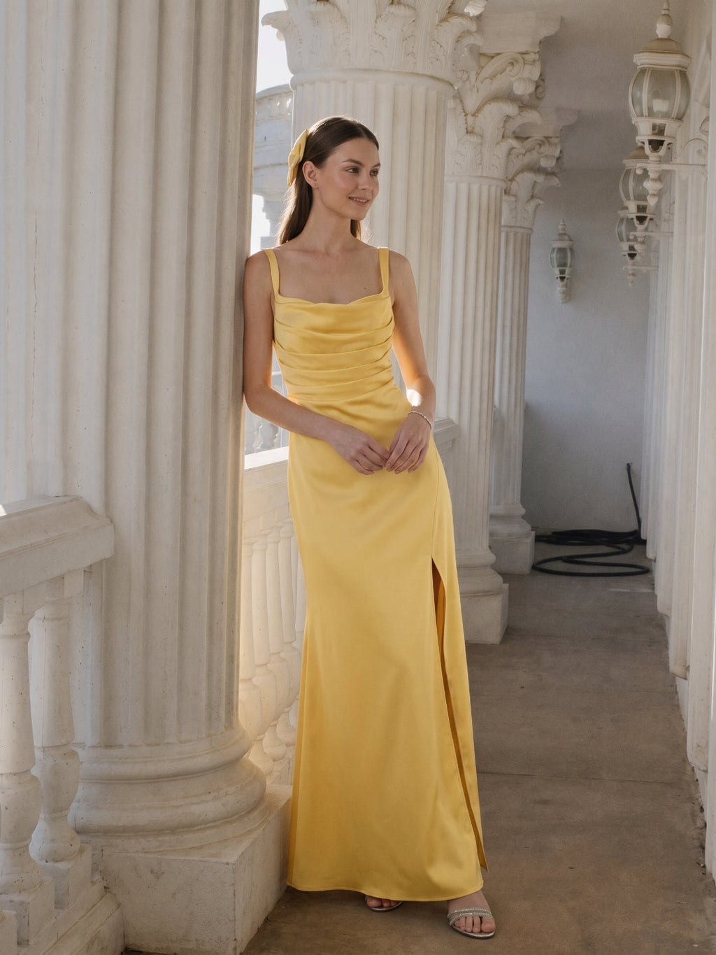 Simple Daffodil Satin Column Straight Neck Ankle-Length Bridesmaid Dress with Minimalist Design - Curvevia