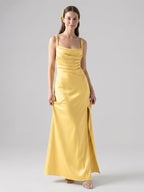 Simple Daffodil Satin Column Straight Neck Ankle-Length Bridesmaid Dress with Minimalist Design - Curvevia
