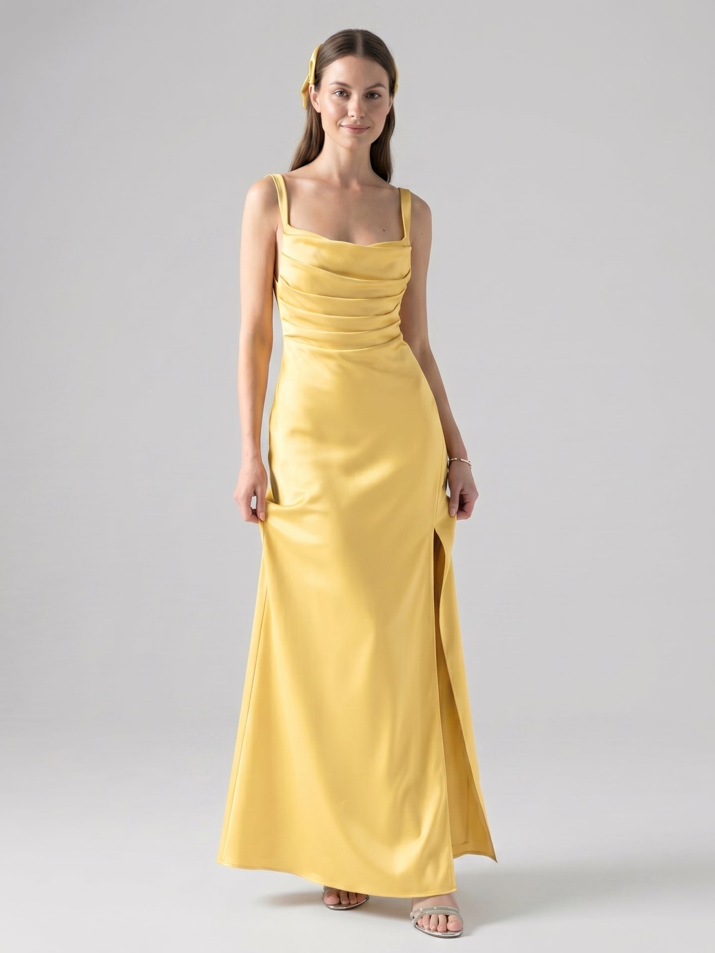 Simple Daffodil Satin Column Straight Neck Ankle-Length Bridesmaid Dress with Minimalist Design - Curvevia