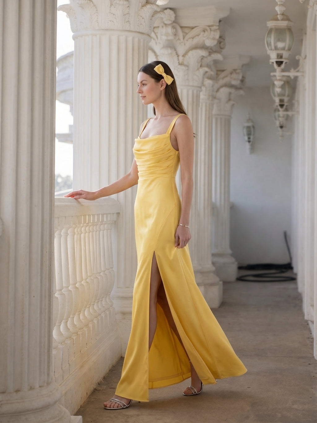 Simple Daffodil Satin Column Straight Neck Ankle-Length Bridesmaid Dress with Minimalist Design - Curvevia