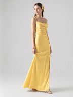 Simple Daffodil Satin Column Straight Neck Ankle-Length Bridesmaid Dress with Minimalist Design - Curvevia
