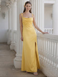 Simple Daffodil Satin Column Straight Neck Ankle-Length Bridesmaid Dress with Minimalist Design - Curvevia