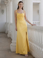 Simple Daffodil Satin Column Straight Neck Ankle-Length Bridesmaid Dress with Minimalist Design - Curvevia