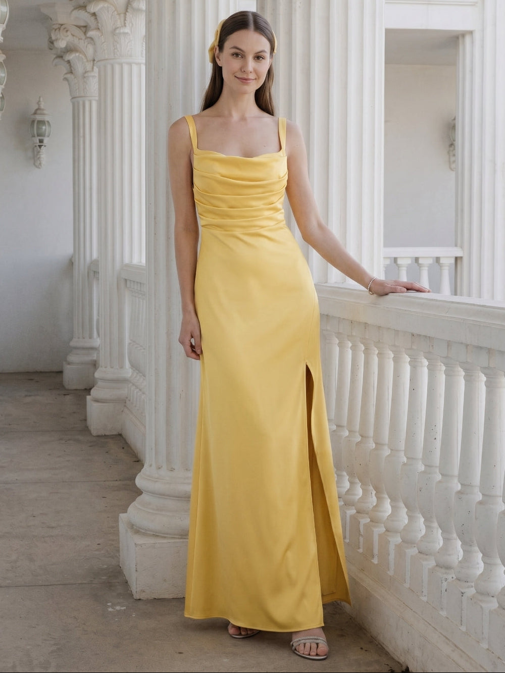 Simple Daffodil Satin Column Straight Neck Ankle-Length Bridesmaid Dress with Minimalist Design - Curvevia