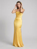 Simple Daffodil Satin Column Straight Neck Ankle-Length Bridesmaid Dress with Minimalist Design - Curvevia