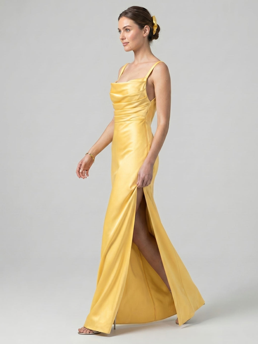 Simple Daffodil Satin Column Straight Neck Ankle-Length Bridesmaid Dress with Minimalist Design - Curvevia