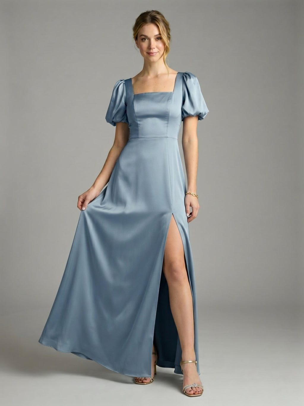 Simple Dusty Blue Satin A-Line Square Neck Back Zip Ankle-Length Bridesmaid Dress - Curvevia