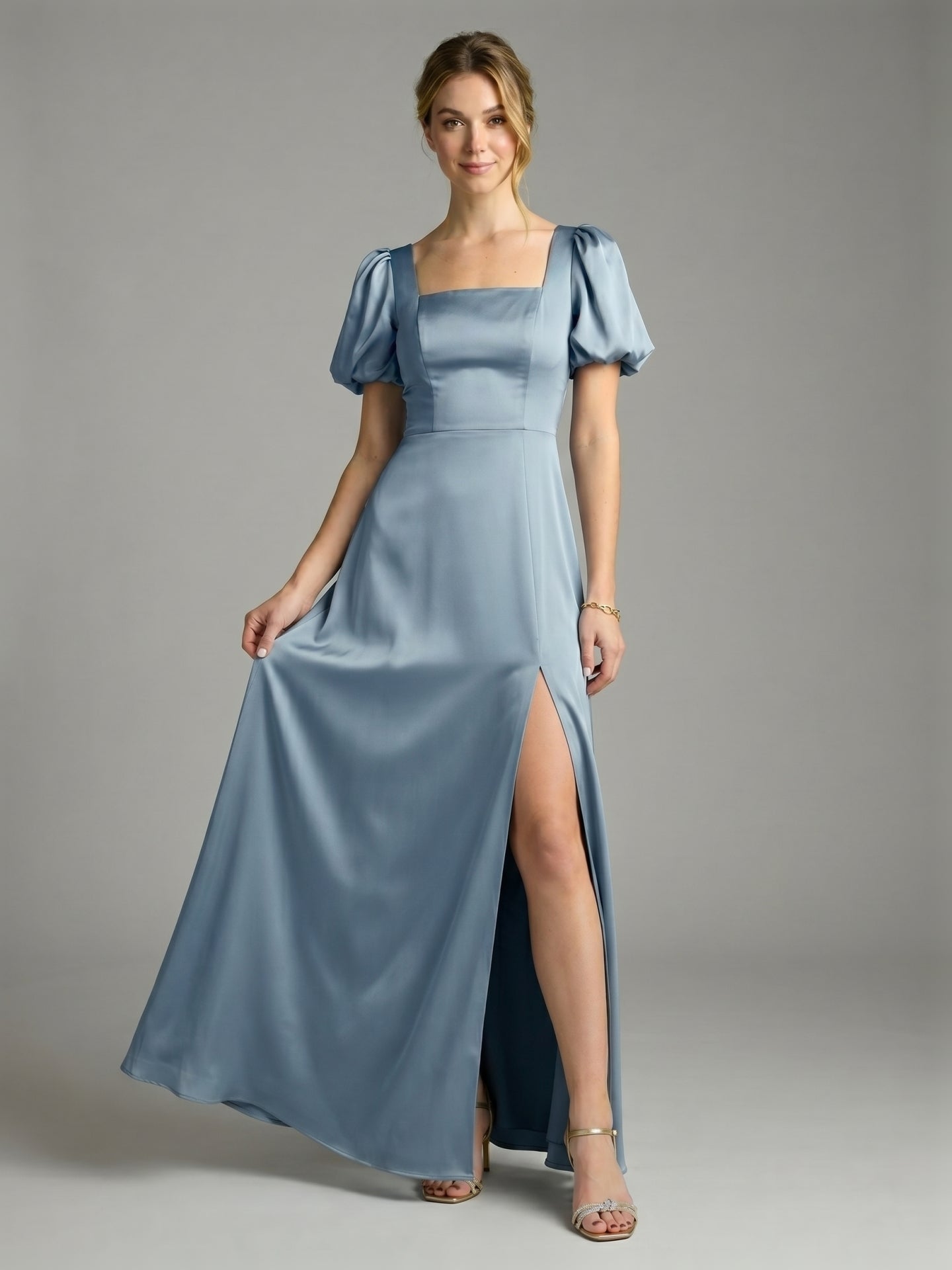 Simple Dusty Blue Satin A-Line Square Neck Back Zip Ankle-Length Bridesmaid Dress - Curvevia