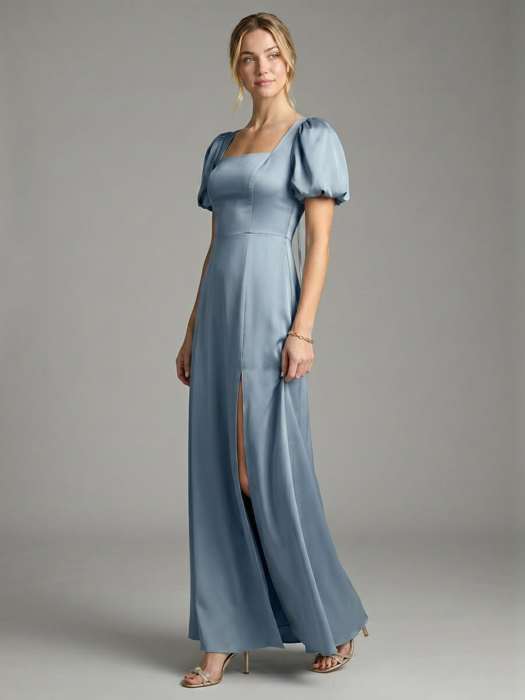 Simple Dusty Blue Satin A-Line Square Neck Back Zip Ankle-Length Bridesmaid Dress - Curvevia