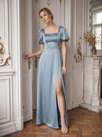 Simple Dusty Blue Satin A-Line Square Neck Back Zip Ankle-Length Bridesmaid Dress - Curvevia