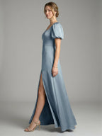 Simple Dusty Blue Satin A-Line Square Neck Back Zip Ankle-Length Bridesmaid Dress - Curvevia